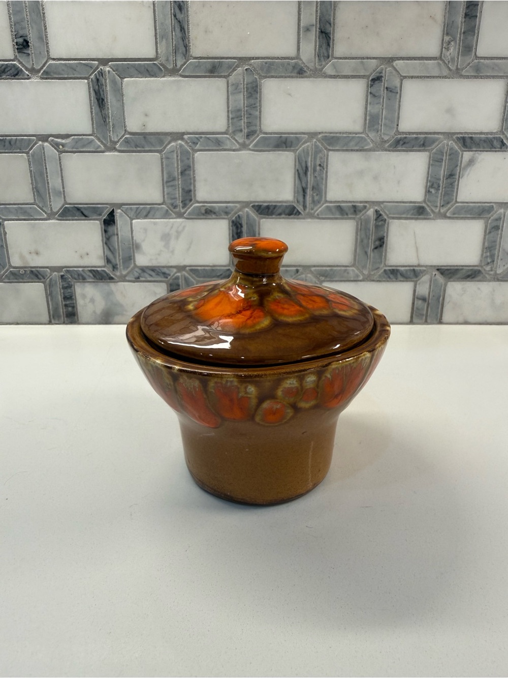 Vintage Brown Ceramic Lidded Jar with Orange Glaze Accents